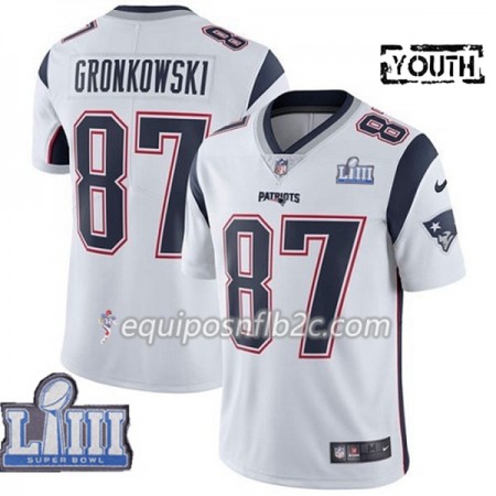 Camiseta Niño NFL New England Patriots Rob Gronkowski 87 Nike Blanco 2019 Super Bowl LIII
